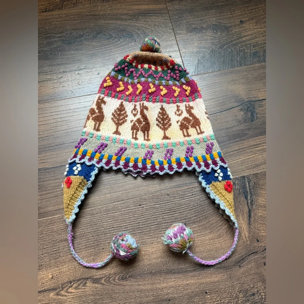 Hand-Knit Peruvian Wool Chullo Hat Llama & Andean Motif Ear Flap Beanie